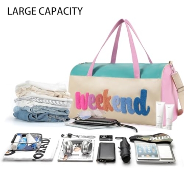 DYSHAYEN Chenille Letter Travel Duffle Bag Large PU Leather Weekender Overnight Bag for Women Carry on Bags Travel Tote（Weekender）