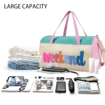 DYSHAYEN Chenille Letter Travel Duffle Bag Large PU Leather Weekender Overnight Bag for Women Carry on Bags Travel Tote（Weekender）