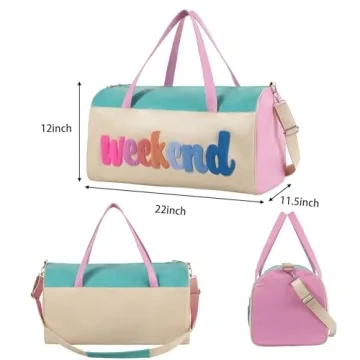 DYSHAYEN Chenille Letter Travel Duffle Bag Large PU Leather Weekender Overnight Bag for Women Carry on Bags Travel Tote（Weekender）