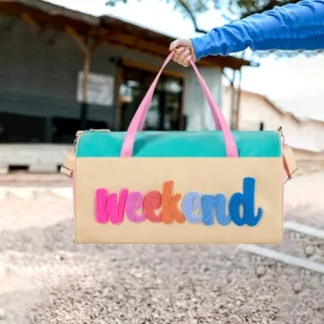 DYSHAYEN Chenille Letter Travel Duffle Bag Large PU Leather Weekender Overnight Bag for Women Carry on Bags Travel Tote（Weekender）