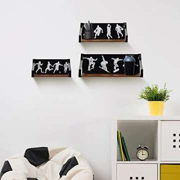 Calenzana Sports Floating Shelves Set of 3, Rustic Wooden Wall Shelf for Boys Men Room Bathroom Bedroom Living Room Decor, Black
