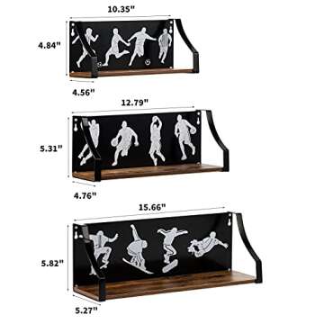 Calenzana Sports Floating Shelves Set of 3, Rustic Wooden Wall Shelf for Boys Men Room Bathroom Bedroom Living Room Decor, Black