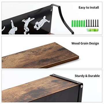 Calenzana Sports Floating Shelves Set of 3, Rustic Wooden Wall Shelf for Boys Men Room Bathroom Bedroom Living Room Decor, Black
