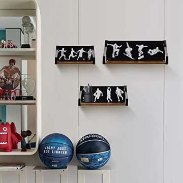 Calenzana Sports Floating Shelves Set of 3, Rustic Wooden Wall Shelf for Boys Men Room Bathroom Bedroom Living Room Decor, Black