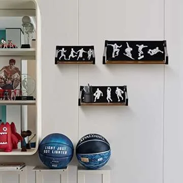 Calenzana Sports Floating Shelves Set of 3, Rustic Wooden Wall Shelf for Boys Men Room Bathroom Bedroom Living Room Decor, Black
