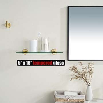 JQK Bathroom Glass Shelf Gold, Tempered Glass Shower Storage 16 by 5 inches, 304 Stainless Steel Bru...