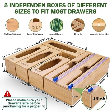 Gamtik Individual Storage Bag Organizer for Kitchen Drawer, Bamboo with Foil and Plastic Wrap Organizer for Kitchen Organizers and Storage, for Gallon, Quart, Sandwich, Snack