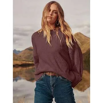 LOGENE Women's Oversized Sweater Crewneck Long Sleeve Soft Fuzzy Knit Pullover Sweaters 2024 Winter Fashion Warm Tops Clothes Fuchsia Small