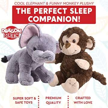 Dragon Drew Elephant and Monkey Stuffed Animals - 2 Soft Plush Animal Toys for Baby, Toddler and Kids - Cute and Cuddly Friends for Boy or Girl - Great Gift for Easter, Christmas, Birthday