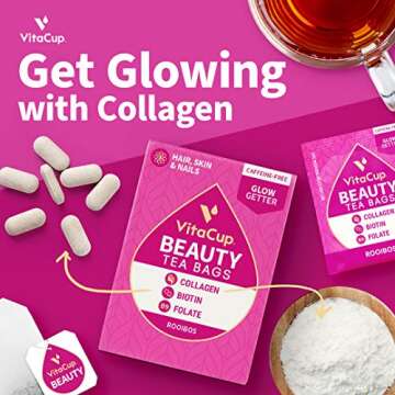 VitaCup® Beauty Tea Bags 14ct w/ Caffeine Free, Collagen, Biotin, Vitamins for Hair Skin and Nails in Sealed Single Serve Tea Sachet Bag