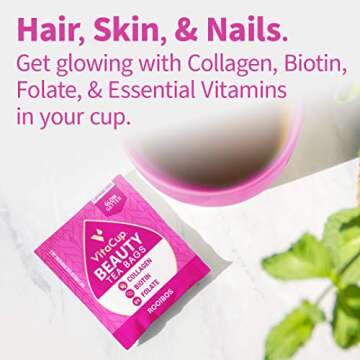 VitaCup® Beauty Tea Bags 14ct w/ Caffeine Free, Collagen, Biotin, Vitamins for Hair Skin and Nails in Sealed Single Serve Tea Sachet Bag
