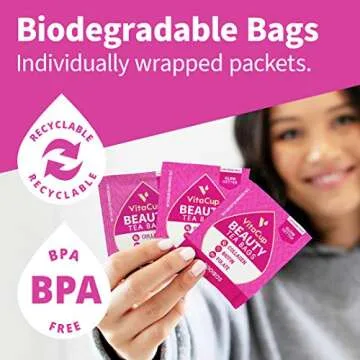 VitaCup® Beauty Tea Bags 14ct w/ Caffeine Free, Collagen, Biotin, Vitamins for Hair Skin and Nails in Sealed Single Serve Tea Sachet Bag