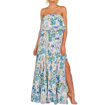 Dokotoo Summer Dresses for Women 2025 Boho Strapless Dress High Waist Flowy Maxi Dress Side Split Se...