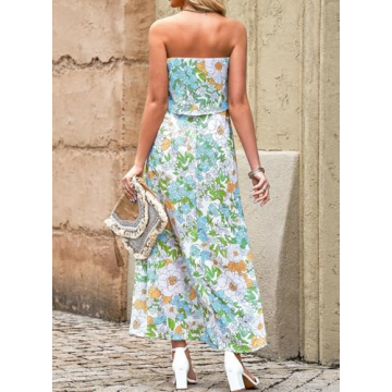 Dokotoo Summer Dresses for Women 2025 Boho Strapless Dress High Waist Flowy Maxi Dress Side Split Sexy Off The Shoulder Dresses Wedding Guest Sky Blue