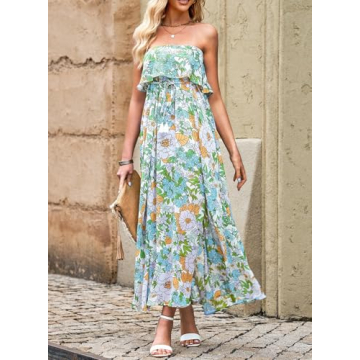 Dokotoo Summer Dresses for Women 2025 Boho Strapless Dress High Waist Flowy Maxi Dress Side Split Sexy Off The Shoulder Dresses Wedding Guest Sky Blue