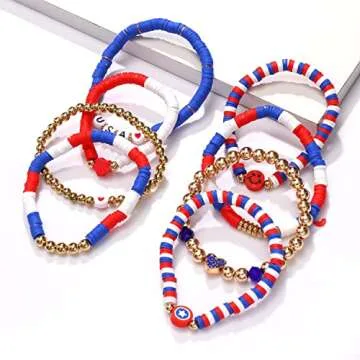 XOCARTIGE 4th of July Bracelets for Women USA Bracelet Stackable American Flag Partriotic Bracelet Beaded Stretch Bracelets 4th of July Accessories Outfits Party Favors (Style F)