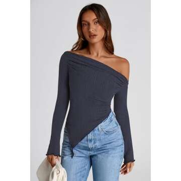 PRETTYGARDEN Women's Long Sleeve Y2K Crop Top Trendy Off Shoulder Asymmetrical Fitted Knit Tee Shirts Going Out Tops (Navy,Medium)