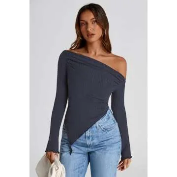 PRETTYGARDEN Women's Long Sleeve Y2K Crop Top Trendy Off Shoulder Asymmetrical Fitted Knit Tee Shirts Going Out Tops (Navy,Medium)