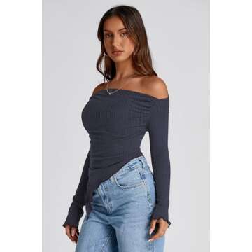 PRETTYGARDEN Women's Long Sleeve Y2K Crop Top Trendy Off Shoulder Asymmetrical Fitted Knit Tee Shirts Going Out Tops (Navy,Medium)