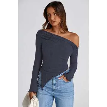 PRETTYGARDEN Women's Long Sleeve Y2K Crop Top Trendy Off Shoulder Asymmetrical Fitted Knit Tee Shirts Going Out Tops (Navy,Medium)