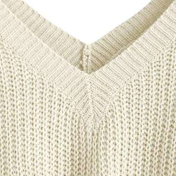 ZAFUL Women Knit Sweater V Neck Long Sleeve Pullover Solid Loose Knitwear Tops(White, Small)