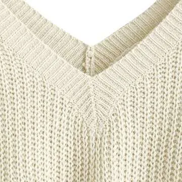 ZAFUL Women Knit Sweater V Neck Long Sleeve Pullover Solid Loose Knitwear Tops(White, Small)