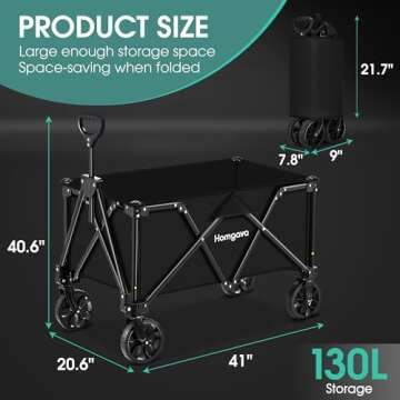 Homgava Collapsible Folding Wagon Heavy Duty,Foldable Utility Cart with Wheels,Large Capacity,for Grocery Outdoor Camping Beach Gardening Shopping Fishing Black