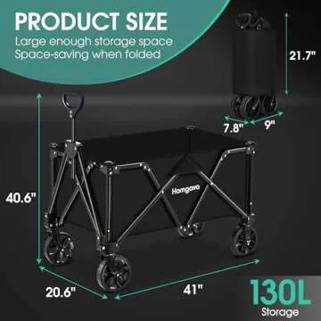 Homgava Collapsible Folding Wagon Heavy Duty,Foldable Utility Cart with Wheels,Large Capacity,for Grocery Outdoor Camping Beach Gardening Shopping Fishing Black