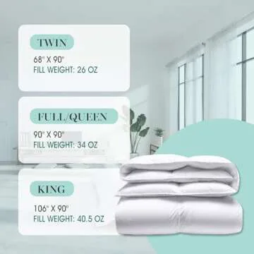 MARTHA STEWART White Down Feather Comforter Queen Size - 600 Fill Power 100% Cotton Down Duvet Insert, Made in USA, All Season Medium Warmth Comforter with Corner Loops - 90" x 90"