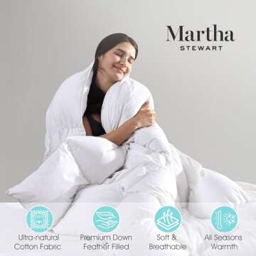 MARTHA STEWART White Down Feather Comforter Queen Size - 600 Fill Power 100% Cotton Down Duvet Insert, Made in USA, All Season Medium Warmth Comforter with Corner Loops - 90" x 90"