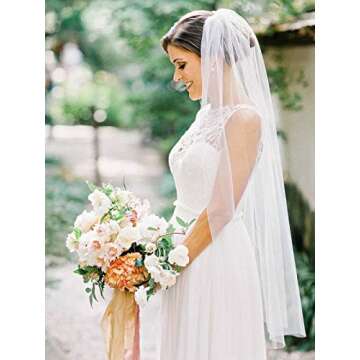 Unsutuo 1 Tier Bride Wedding Veil Ivory Fingertip Bridal Tulle Veil with Comb and Cut Edge (White)