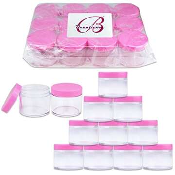 Beauticom® High-Grade Quality 2 oz./ 60 Grams/ 60 ML (Quantity: 36 Packs) Thick Wall Crystal Clear Plastic Jars Container with PINK Lids for Cosmetic, Lip Balm, Lip Gloss, Creams, Lotions, Liquids, Glitter, Charms, Nails - LEAK-PROOF JARS!!