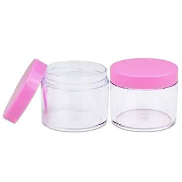 Beauticom® High-Grade Quality 2 oz./ 60 Grams/ 60 ML (Quantity: 36 Packs) Thick Wall Crystal Clear Plastic Jars Container with PINK Lids for Cosmetic, Lip Balm, Lip Gloss, Creams, Lotions, Liquids, Glitter, Charms, Nails - LEAK-PROOF JARS!!