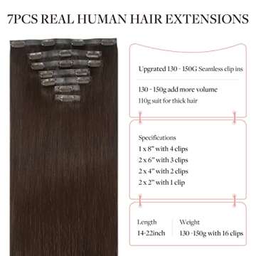 MAXITA Clip in Hair Extensions Real Human Hair, Light Dark Brown 18 Inch 130g 7pcs, Seamless Hair Ex...