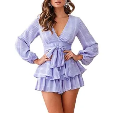 Relipop Women's Romper Solid Print V Neck Baggy Sleeve Waist Tie Layered Ruffle Hem Short Casual Sum...