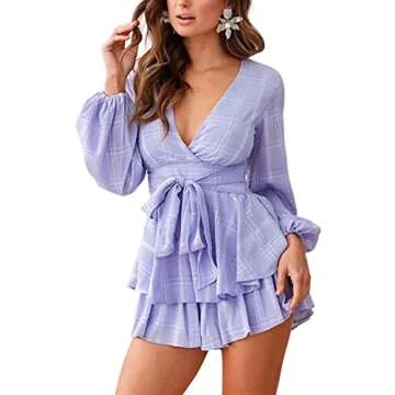 Relipop Women's Romper Solid Print V Neck Baggy Sleeve Waist Tie Layered Ruffle Hem Short Casual Summer Rompers Jumpsuits