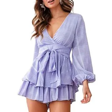 Relipop Women's Romper Solid Print V Neck Baggy Sleeve Waist Tie Layered Ruffle Hem Short Casual Summer Rompers Jumpsuits