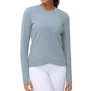 Women's Long Sleeve Compression Shirts Workout Tops Cross Hem Athletic Running Yoga T-Shirts with Thumb Hole Denim Blue
