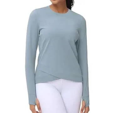 Women's Long Sleeve Compression Shirts Workout Tops Cross Hem Athletic Running Yoga T-Shirts with Thumb Hole Denim Blue