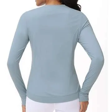 Women's Long Sleeve Compression Shirts Workout Tops Cross Hem Athletic Running Yoga T-Shirts with Thumb Hole Denim Blue
