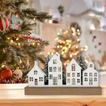 HOMirable Christmas Decorations for Home Led Lighted Christmas Tree Decor Wooden Merry Christmas Sign Rustic Farmhouse Tabletop Block Xmas Holiday Signs Indoor Room Party