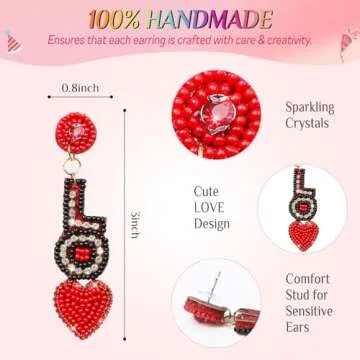 Valentines Day Earrings, Valentines Earrings for Women, Valentines Gifts for Her, Handmade Beaded Dr...