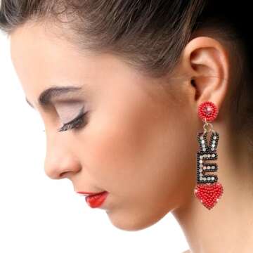 Valentines Day Earrings, Valentines Earrings for Women, Valentines Gifts for Her, Handmade Beaded Drop Dangle Valentines Earrings Jewelry Gifts for Girlfriend