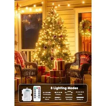 33Ft 100 LED Outdoor String Lights, Warm White Fairy Lights Battery Operated with Remote, Waterproof Twinkle Lights for Bedroom Dorm Patio Tapestry Backyard Garden Party Indoor Christmas Decoration
