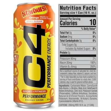 Cellucor C4 Performance Energy Drink | STARBURST Orange | Zero Sugar Carbonated Preworkout Energy | 200mg Caffeine with Beta Alanine | 16 Fl Oz (12 Pack)