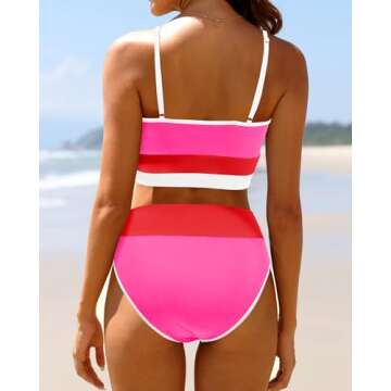 Tempt Me Hot Pink Red Women High Waisted Bikini Sets Ribbed Two Piece Color Block Sporty Scoop Neck ...