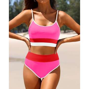 Tempt Me Hot Pink Red Women High Waisted Bikini Sets Ribbed Two Piece Color Block Sporty Scoop Neck Swimsuit for Teens M