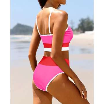 Tempt Me Hot Pink Red Women High Waisted Bikini Sets Ribbed Two Piece Color Block Sporty Scoop Neck Swimsuit for Teens M