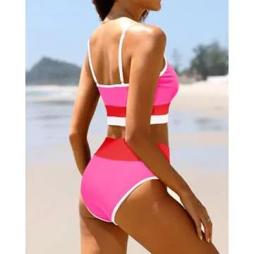 Tempt Me Hot Pink Red Women High Waisted Bikini Sets Ribbed Two Piece Color Block Sporty Scoop Neck Swimsuit for Teens M