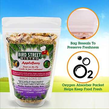 Bird Street Bistro Parrot Food Sample 4 Pack - Parakeet Food - Cockatiel Food - Bird Food - Cooks in 3-15 min w/Natural & Organic Grains - Healthy, Non-GMO Fruits, Healthy Orientated Spices